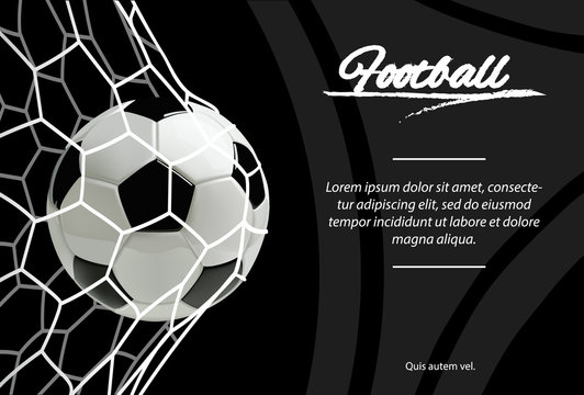 Realistic soccer ball in net isolated on black background. Classic football ball.