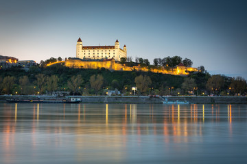 Bratislava castle, Danube river and parliament, Bratislava, Slovakia, Europe