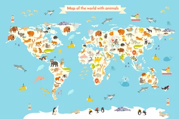 Weltkarte der Tiere. Bunte Karikaturvektorillustration für Kinder und Kinder. Vorschule, Bildung, Baby, Kontinente, Ozeane, gezeichnet, Erde © coffeee_in