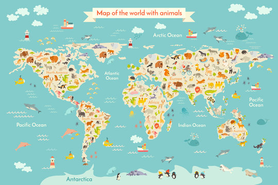 Map animal for kid. Continent of world, animated child's map. Vector illustration animals poster, drawn Earth. Continents and sea life. South America, Eurasia, North America, Africa and Australia © coffeee_in