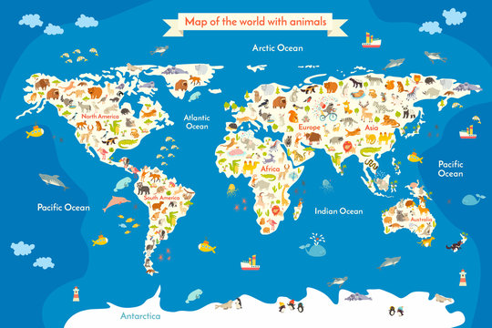 Map of the World with animals. Beautiful colorful vector illustration with the inscription of the oceans and continents. Preschool, for baby, children, kids and all people