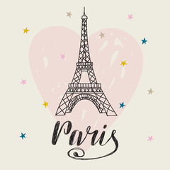 Fototapeta na wymiar Paris. Hand drawn illustration with Eiffel tower. Romantic card with heart