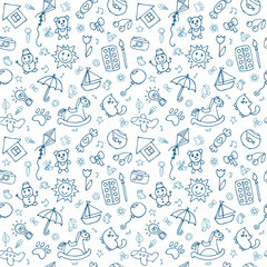 Naklejka premium Seamless pattern for cute little boys and girls. Sketch style. Hand drawn children drawings. Doodle children drawing background