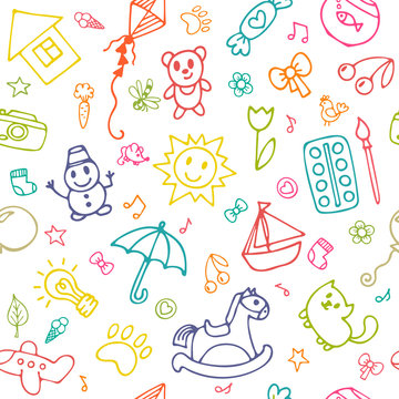 Seamless pattern for cute little girls and boys. Doodle children drawing background. Sketch set of drawings in child style