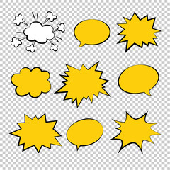 Bubbles comic style vector duddle illustration. Cartoon explosion, speach  isolated on transparent background. Tag icons, spech bubble in pop art