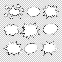 Bubbles comic style vector duddle illustration. Cartoon explosion, speach isolated on transparent background. Tag icons, spech bubble in pop art - 140563673