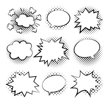 Bubbles comic style vector duddle illustration. Cartoon explosion, speach  isolated on white background. Tag icons with halftone dot black shadows. Spech bubble in pop art