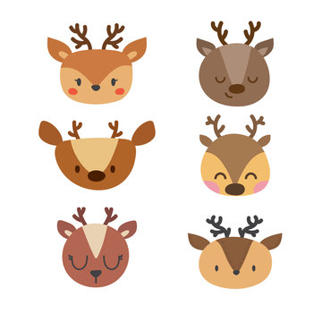 Set of cute deers. Funny doodle animals. Little fawn in cartoon style
