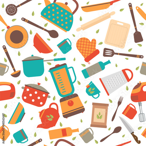 "Seamless pattern with kitchen tools. Cooking utensils background" 스톡