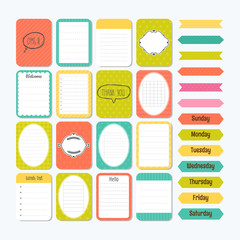 Template for notebooks. Cute design elements in flat style. Notes, labels, stickers. Collection of various note papers