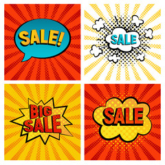 Sales icons vector set. Big, Mega sale, Best price and Hot deal comic style, card on background with rays. New, Special offer on spech bubble. Explosion bubbles, discount promotion pop art style