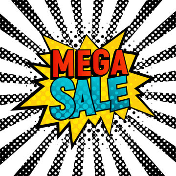Mega Sale comic style vector card. Cartoon star with Mega Sale text on black and white rays background. Pop art style, shoping and sale retro card
