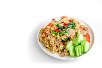 Thai Fried Rice with Isolated White Background for Copy Space, Street Food for Rush Hour, Image for Food Advertise Concept