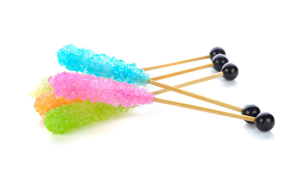 Many Colorful Sugar Crystal Candy On Wooden Stick