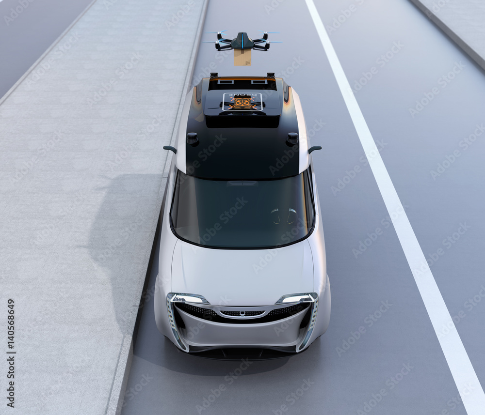 Aufkleber front view of a drone taking off from van for delivering cardboard parcel. 3d rendering image.