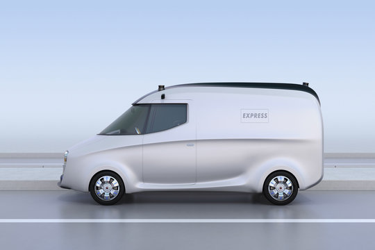Side view of silver delivery van on the road. 3D rendering image.