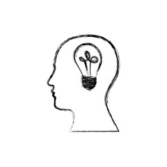 monochrome sketch of silhouette human face with light bulb in mind vector illustration
