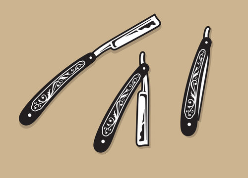 Straight Razors. 
Set of three vintage straight razor vector illustrations.
