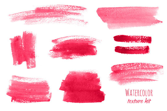 Set of red, pink watercolor hand painted texture backgrounds, isolated. Abstract collection, acrylic dry brush strokes, stains, spots, blots, lines. Creative beauty makeup frame, illustration, drawing