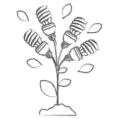 monochrome sketch with plant stem with leaves and fluorescent bulbs spiral vector illustration