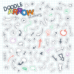 Fototapeta na wymiar Set of doodle arrow tags and stamps with routed, signs, balloons, guides