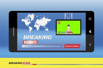 Breaking News on smartphone with background of the world map. Modern mobile TV. Journalist on the monitor screen. Vector illustration EPS 10