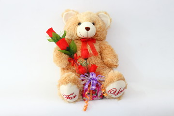 Brown teddy bear with a red rose and a gift box on a white background.