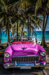 HDR - Pink farbener amerikanischer Cabriolet Oldtimer in der Nähe vom Strand unter Palmen in...