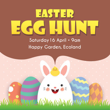 Easter egg hunt invitation template design. Cute cartoon rabbit with baby chick and colorful easter eggs on meadow.