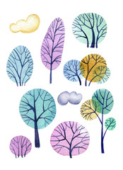hand drawn watercolor illustration of stylized colorful trees