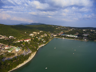 Fototapeta na wymiar Aerial view on Abrau Durso township and lake
