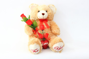 Brown teddy bears and red roses on a white background.