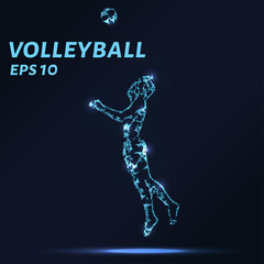 The volleyball player consists of points, lines and triangles. The polygon shape in the form of a silhouette of a volleyball player on a dark background. Vector illustration