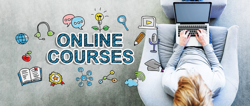 Online Courses text with man using a laptop