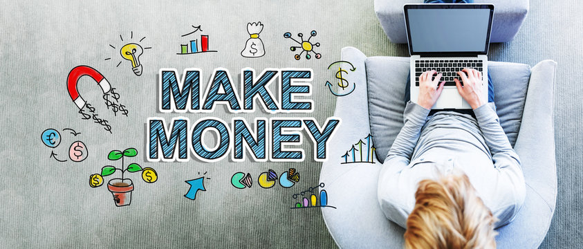 Make Money text with man using a laptop