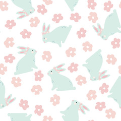 Seamless Pattern with Bunny and Flowers