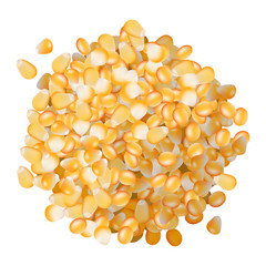 Corn seeds pile top view on white background