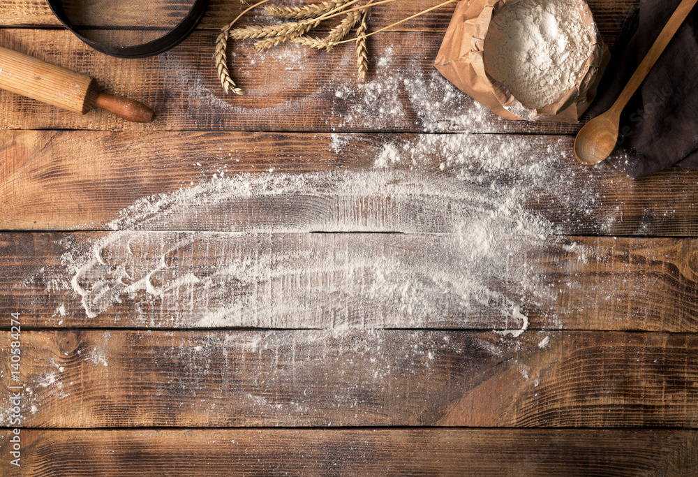 Canvas Prints Baker workplace with flour, top view with copy space