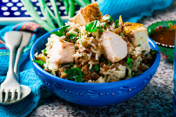 Rice, Chicken and Lentil Salad with Herbs.