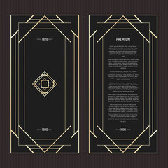 Vector geometric cards in Art Deco style. Light golden flyers. Premium vector frame in luxury style. Restaurant menu. Black and gold tickets.