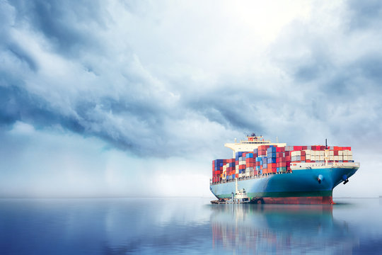 International Container Cargo ship in the ocean, Freight Transportation, Nautical Vessel