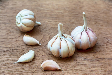 Garlic on wooden vintage background.