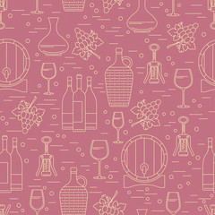 Winemaking design element on maroon background. Vector seamless pattern.