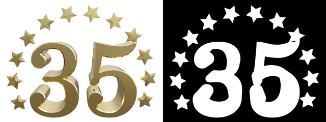 Gold number thirty five, decorated with a circle of stars. 3D illustration