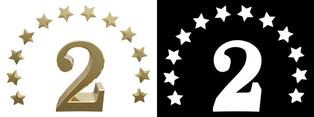 Gold number two, decorated with a circle of stars. 3D illustration