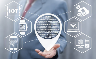 Digital technology concept in electronics devices, computing hardware. Man offer location cloud 0 1 icon on virtual technical screen. Business concentration and location of numeric technologies.