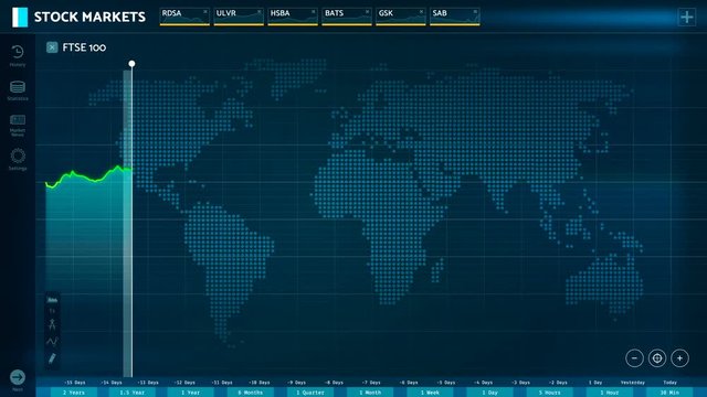 London stock exchange index FTSE 100 falling after Brexit, stock market crash. Electronic chart with British stock market fluctuations after the Brexit vote