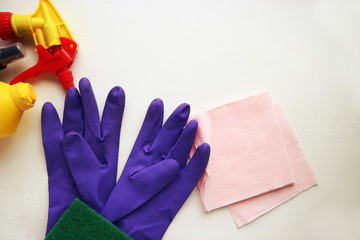 cleaning tools, rubber gloves, spray, sponge
