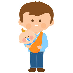 Father carrying his baby in a sling. Vector illustration