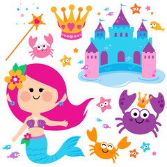 Obraz na płótnie Canvas Pretty mermaid princess set with a castle and sea animals. Vector illustration set.
